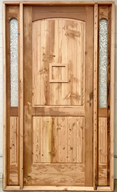 Rustic reclaimed lumber DOOR square top side lites architectural glass speakeasy
