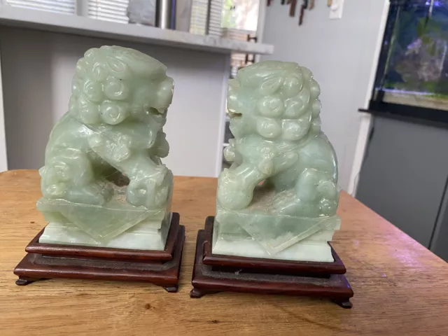 2 Vintage Asian Antique Carved Chinese JADE 5" FOO Dog Lion Sculpture Bookends