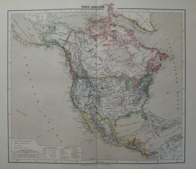 Landkarte Nordamerika, Politische Übersicht, Sohr-Berghaus Glogau 1884 Flemming