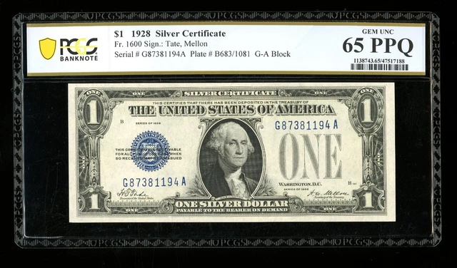 DBR 1928 $1 Silver Gem Fr. 1600 GA Block PCGS-B 65 PPQ Serial G87381194A