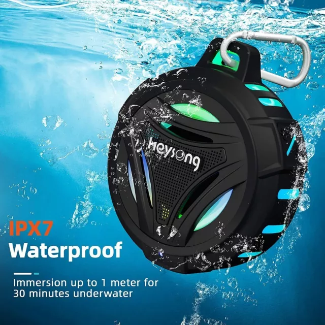 Waterpoof Speaker Shower Portable Bluetooth Speakers, Wireless, LED Lights IP67 2