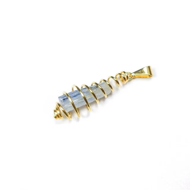 Kyanite Necklace - Spiral Cage Pendant - Gold Wire Wrapped Blue Crystal CR7