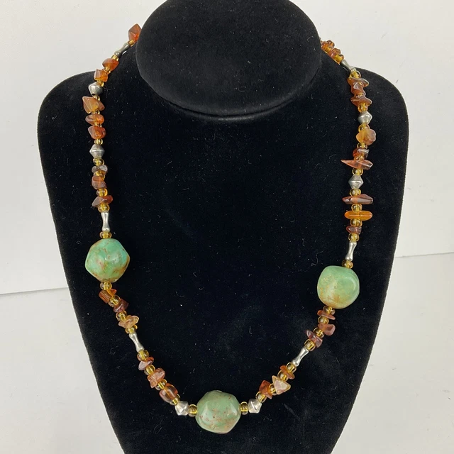 Genuine Turquoise Amber Sterling Silver 925 Collar Necklace Southwest Boho 18.5”