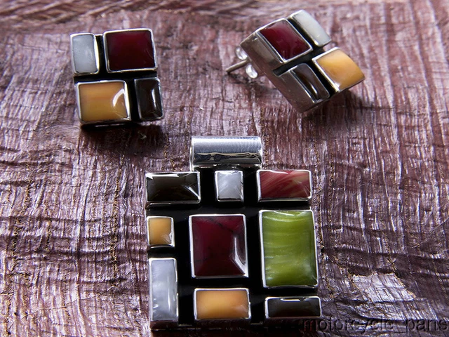 Taxco Sterling Silver Multinlay Mosaic Pendant Earring Set Mexican 925