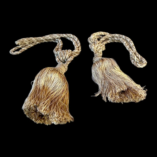 2 VTG Antique Gold Tassel Braided Rope Drapery Curtain Tie Backs Estate Find 24"
