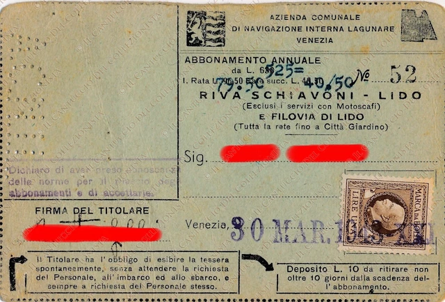 1943 Azienda Comunale Navigazione Interna Lagunare Venezia tessera