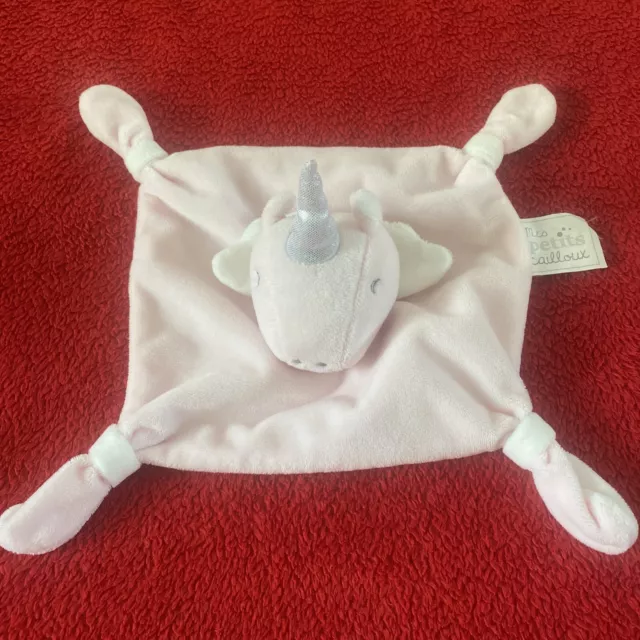 🇫🇷 Doudou Plat Mes Petits Cailloux Licorne Rose Blanc Corne Argentée NEUF