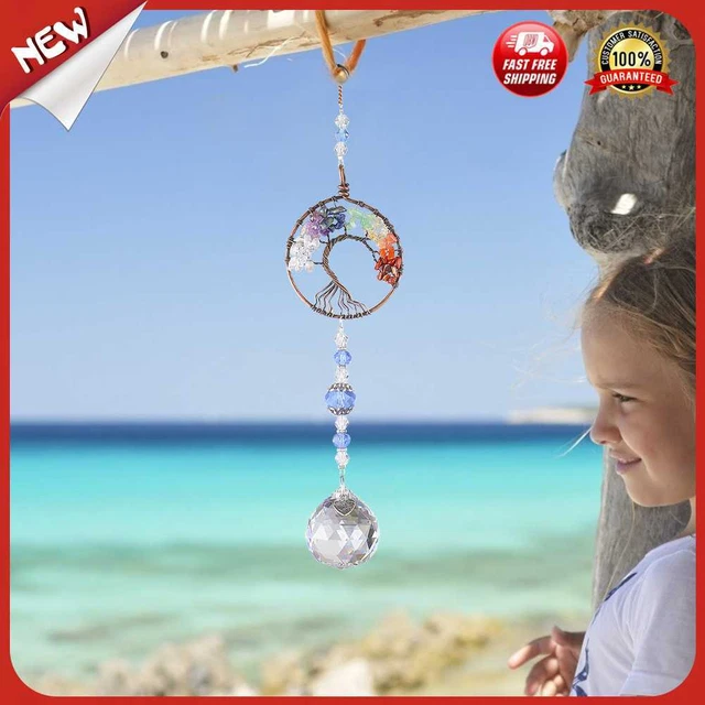 es Metal Crystal Light Pendant Window Decor Hanging Colorful for Balcony (Round)