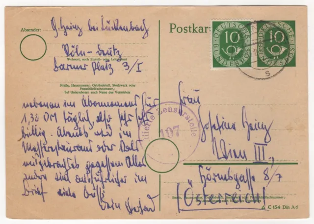 1952 Aug 5th. Uprated Censor Postkarte. Cologne to Vienna, Austria.