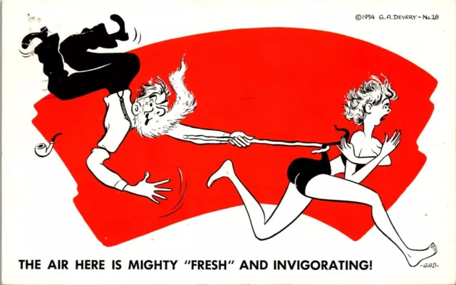Vintage Humor Comic Risque Postcard Air Is Mighty Fresh Man Chasing Woman GAD