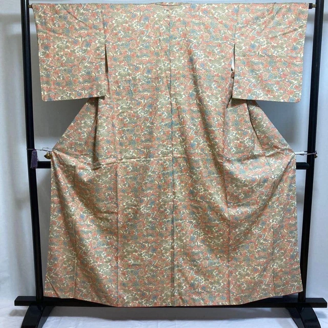[7922] kimono with floral motifs, pongee silk, vintage Japanese