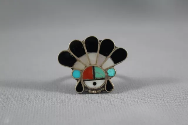 Old Pawn Zuni Inliad Stone and Shell Turquoise Silver Kachina Ring  Size 8