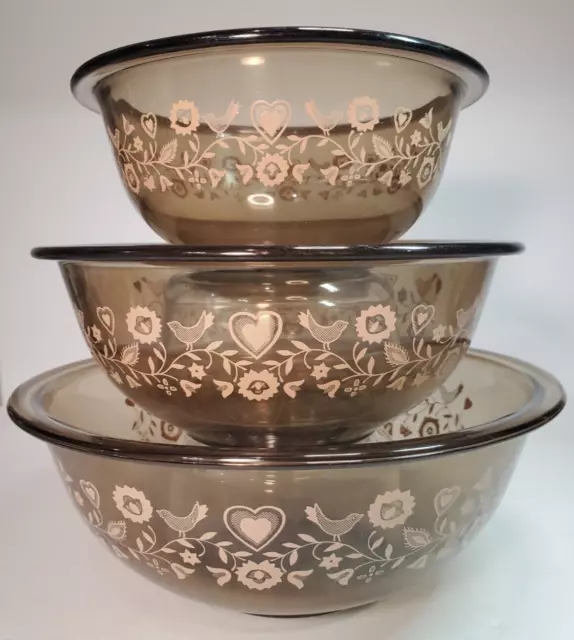 Pyrex Festive Harvest Mixing Bowls Set of 3 Pink Brown Glass Nesting Stackable