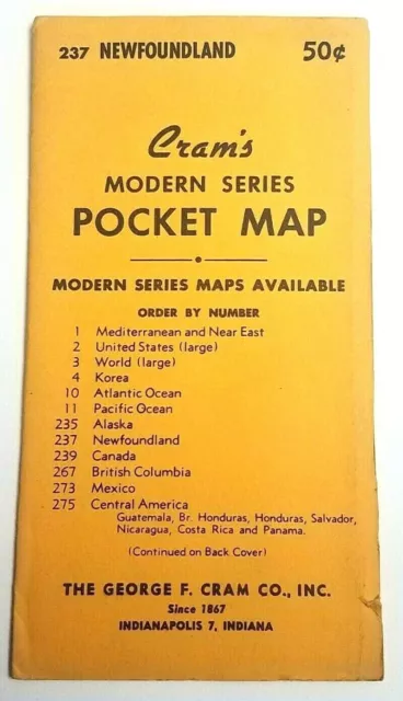 Vintage 1950's Cram's Modern Series Pocket Map #237 Newfoundland Canada