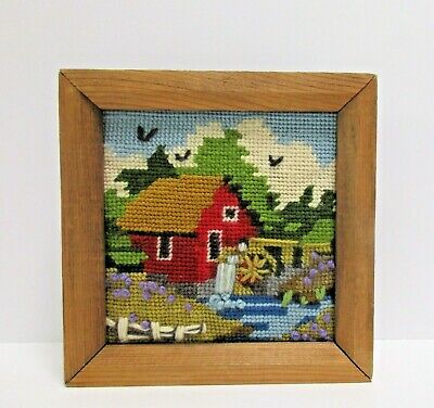 Vintage Water Wheel Old Mill Country Home Finished Framed Needlepoint