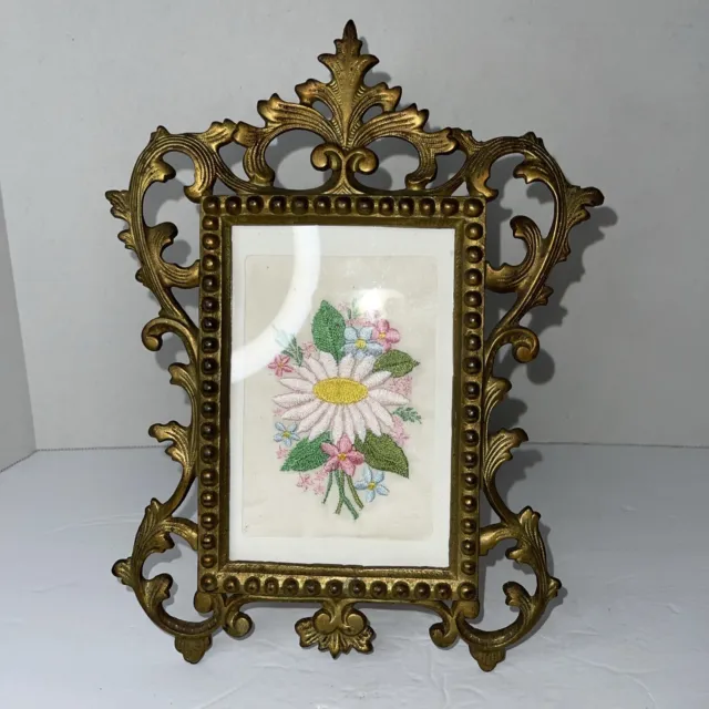 Antique French Large Embossed Gold Gilt Bronze Brass Photo Picture Frame W/Easel