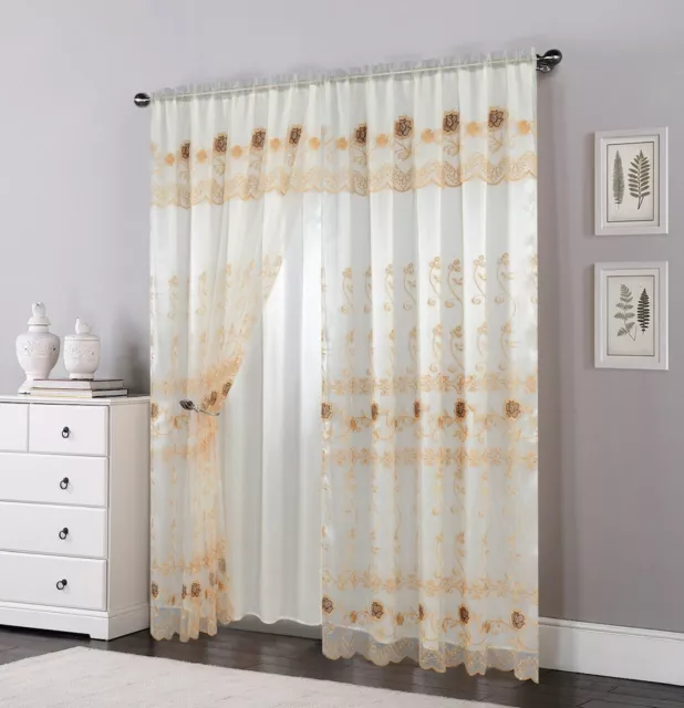 2 Layers Voile Sheer Embroidered Rod Pocket Window Curtain Panel and Valance