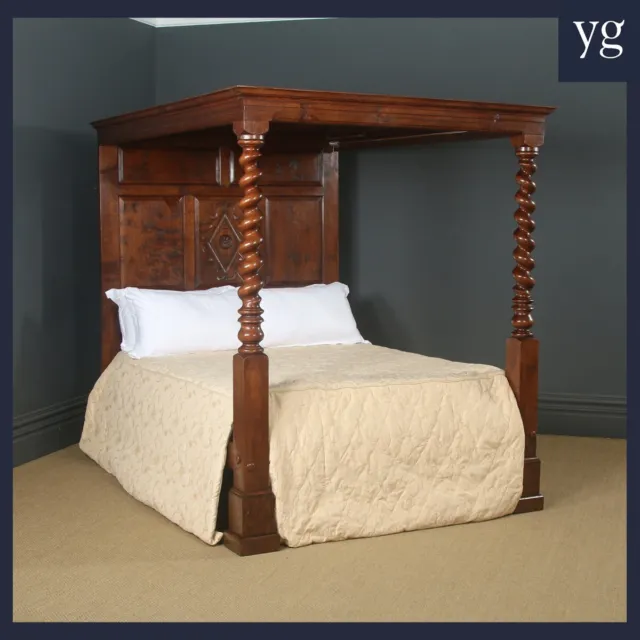 English 18th Century Style  King Size Oak Four Poster Bed by Bylaws (Circa 1985)