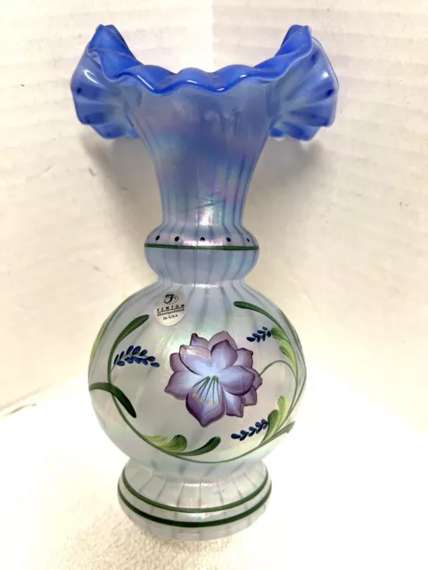 Vintage Fenton Blue Glass Vase Hand Paint 1999 Harmony Messenger Iridescent Rare