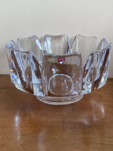 Large Modernist Swedish Orrefors  9" Crystal Glass Bowl Corona by Lars Hellstern