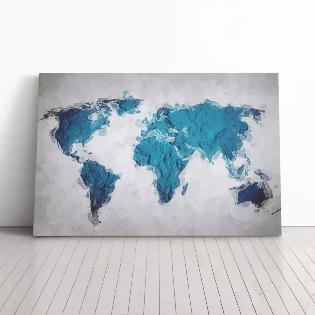 Teal Blue Map Of The World In Abstract Canvas Wall Art Print Framed Picture