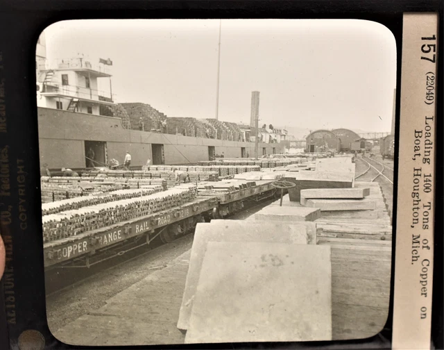 7-157 Magic Lantern Glass Slide Photo Copper Mines Boat Houghton Michigan