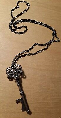 Vtg Steampunk/Goth/ Victorian/Antique Style Copper Plated Key Pendant 33" Chain