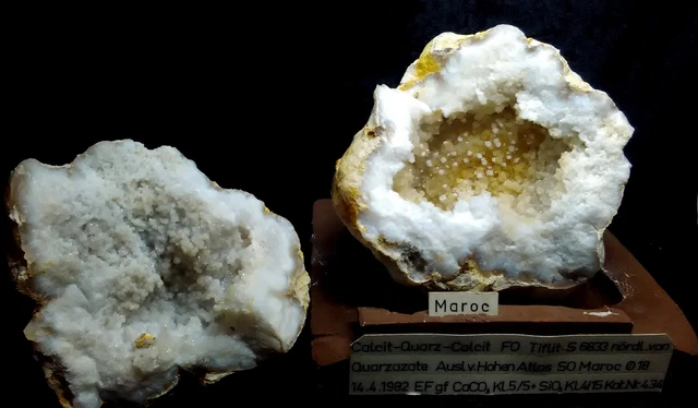 Calcit-Quarz-Calcit Geode aus Tiflit, Marokko. Bestens Dokumentierte Geode
