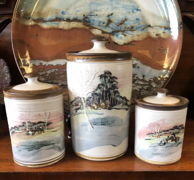 Ian Gamble Signed Aust Pottery Hand-Painted Bush Landscape Set of 3 Canister’s 2