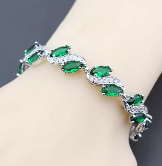 Sterling Silver extending bracelet Lab-Created Green Emerald  White Topaz gem