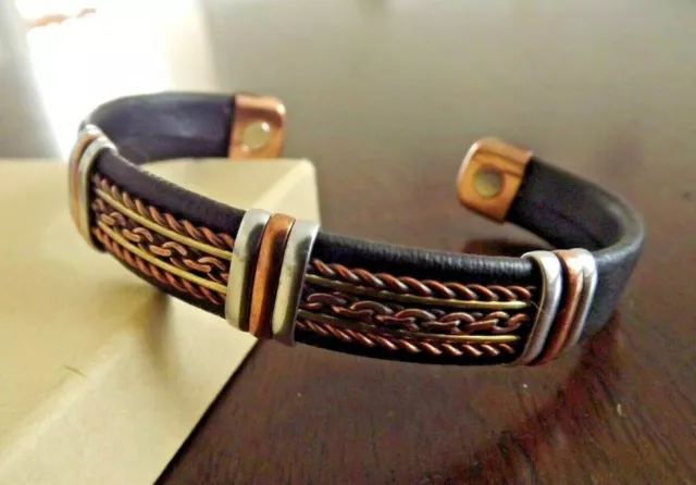 Solid Copper Leather Wrapped Magnetic Bracelet Men Women Energy Pain Jewelry