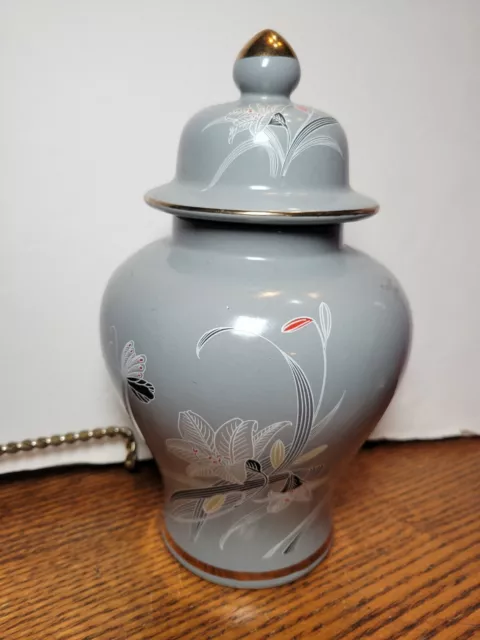 Asian Gray Ginger jar with Lid 9 inch Ginger Jar or Vase . Butterfly flowers
