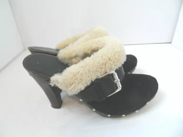 Michael Kors Womens Black Suede Clogs Mules Wood Heels W/ Faux Fur Buckle Sz 8.5