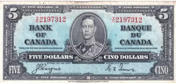 1937 Bank of Canada Five Dollars Bill. F - VF $5 Bank Note (JC)