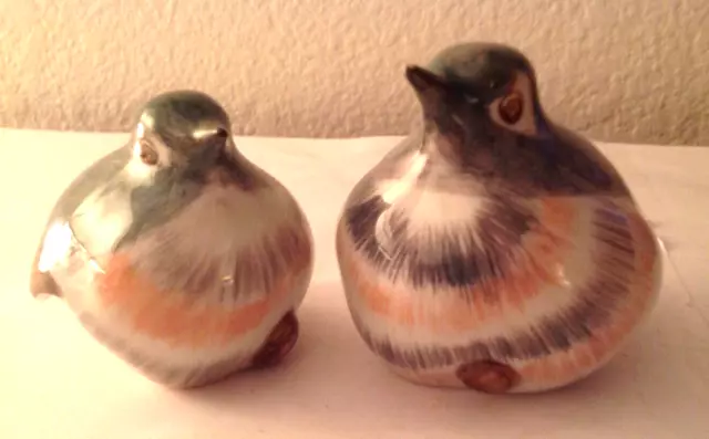 Set of 2 Hand Painted Green Fat Baby Robin Bird Figurines