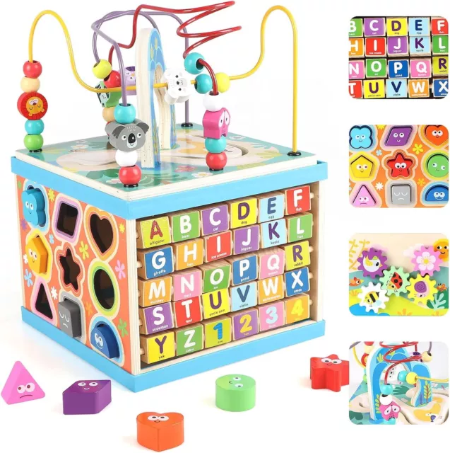 Tabletop Wooden Toy Baby Activity Cube Centre Shape Sorter Child Bead Maze Toys