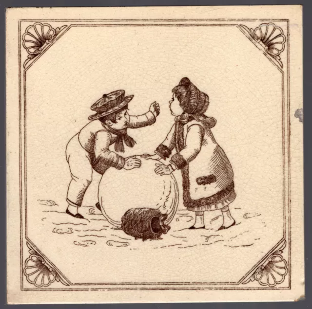 Maw & Co. - c1880 - Snow Children - Childrens Activities - Antique Tile