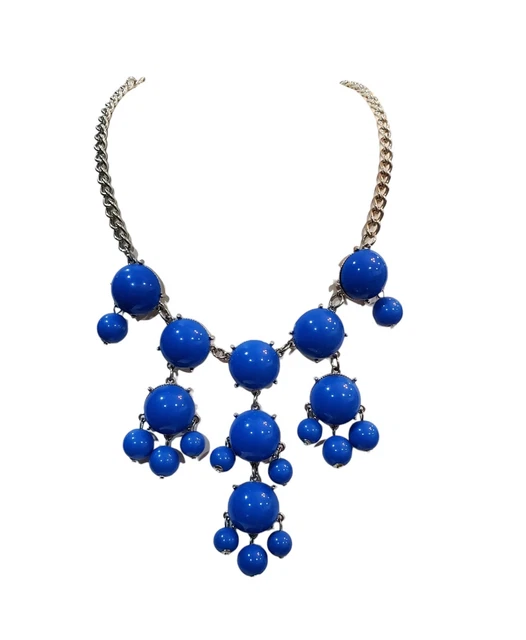 Blue Silver-Tone Bubble Bib Bauble Chunky Chandelier Statement Necklace 12"