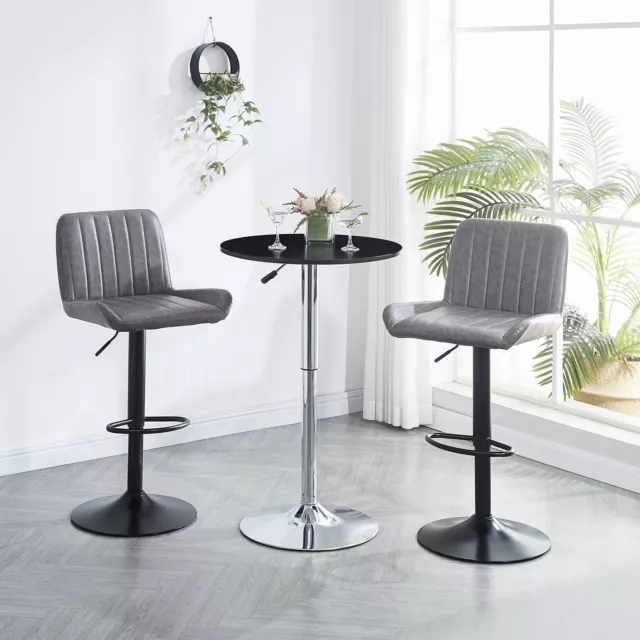 Round Black MDF Silver Base Bar Table & 2x Grey PU Leather Bar Stools Black Base