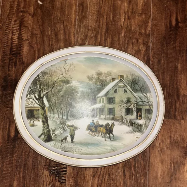 Vintage Currier And Ives The American Homestead Winter Metal Serving Tray Oval