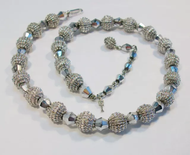 Vintage Signed Crown TRIFARI Silver Metal & Glass Bead Strand Necklace 8" Drop