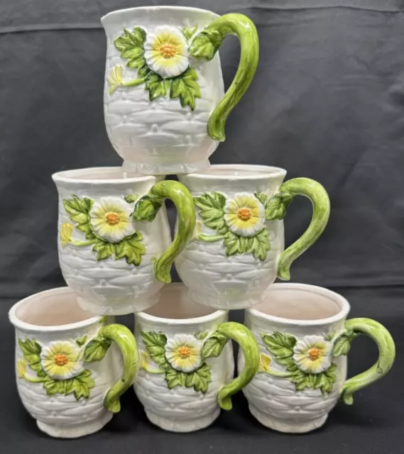 Set of 6 1950's Vintage LEFTON Rustic Daisy Flower Basket Weave Mug Cup 5907