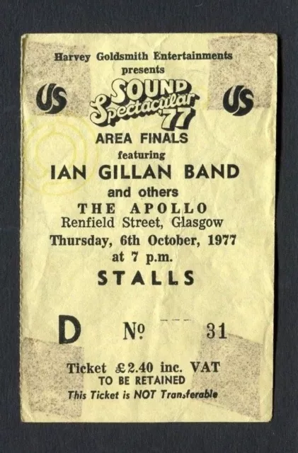 1977 Ian Gillan Band concert ticket stub The Apollo Glasgow Deep Purple