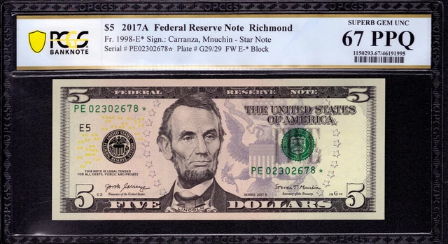 2017 A $5 Federal Reserve Star Note Richmond Fr.1998-E* Pcgs B Superb Gem 67 Ppq