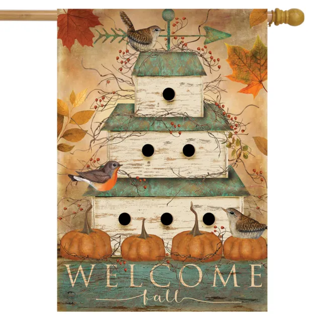 Welcome Fall Birdhouse Primitive House Flag Welcome Pumpkins 28" x 40"