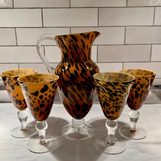 VNTG Global Amici “Safari” Blown Glass Leopard Print Pitcher + 4 Wine Goblets