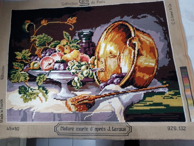 Canevas Fini Vintage - Tapisserie Duchesse Dans Cadre En Bois Sculpté Doré - Fait Main France