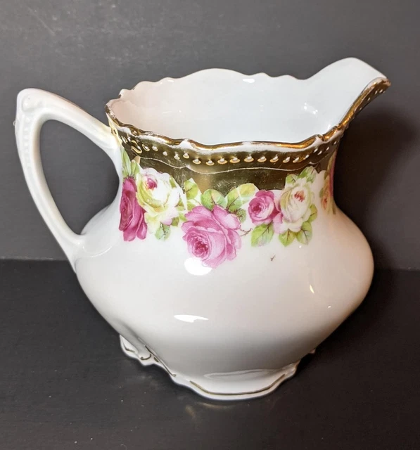 Antique 1900 PK Silesia German Porcelain Creamer Pink Roses Gold Rim Marked