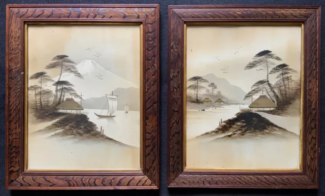 Beautiful Pair 19thc Antique Japanese Mixed-Media Volcano & Seascape Paintings