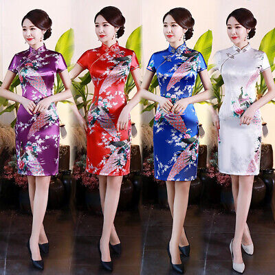 Faux Silk Satin Qipao Mini Dress Chinese Traditional Cheongsam Party Ball Prom